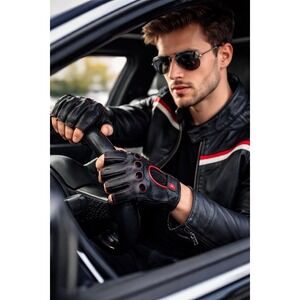 Black Leather Driving Gloves Red Stitch Racer Style Luxury Grip Size medium NWT
